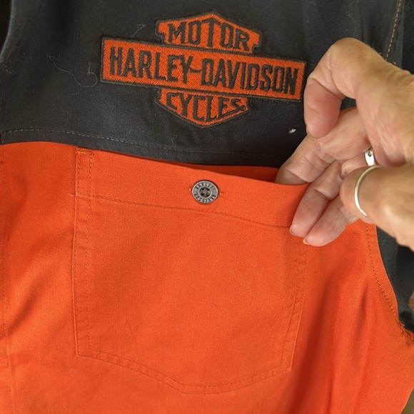 HARLEY DAVIDSON METAL BUTTON UP SHORT SLEEVE ORANGE COLOR BLOCK SHIRT SZ L - Picture 3 of 13
